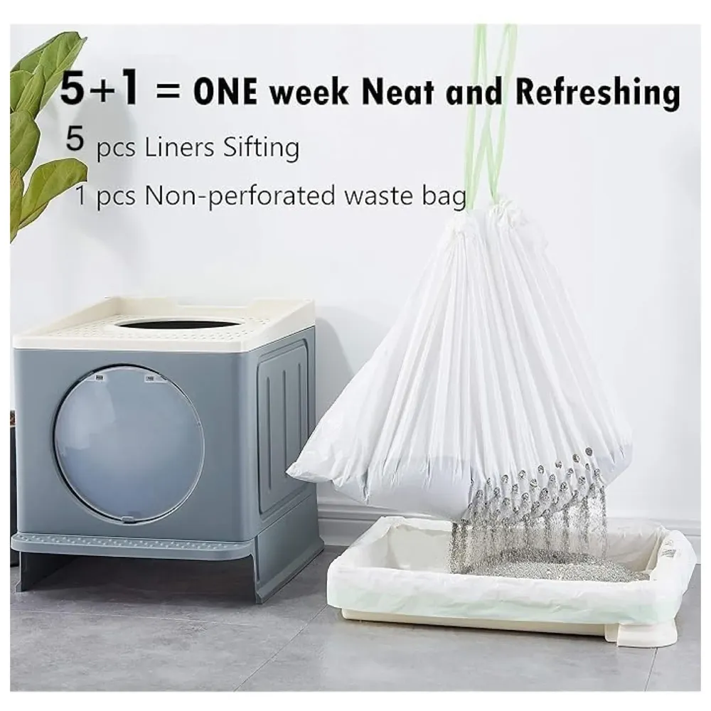 Cat Litter Box Mat Liners with Drawstring, Litter Pan Disposable Bags, 2 Mil Thickened Cat Litter Sifting Liners, Weekly 6 Pack Large Litter Bags for Easy Cleaning Perforated.