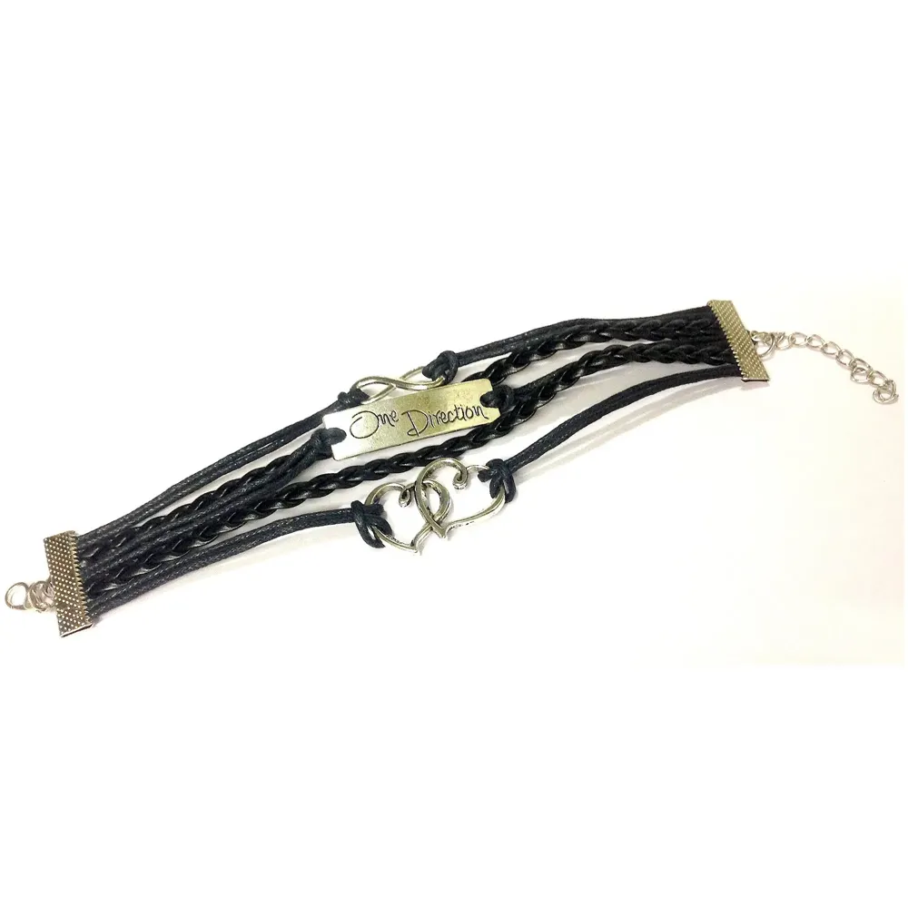 1d ~ Twin Hearts + Infinity + One Direction Leather Bracelet ~ Black