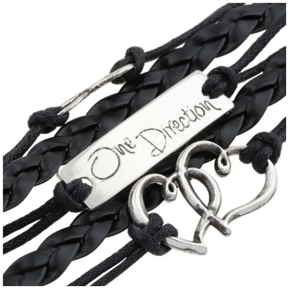 1d ~ Twin Hearts + Infinity + One Direction Leather Bracelet ~ Black