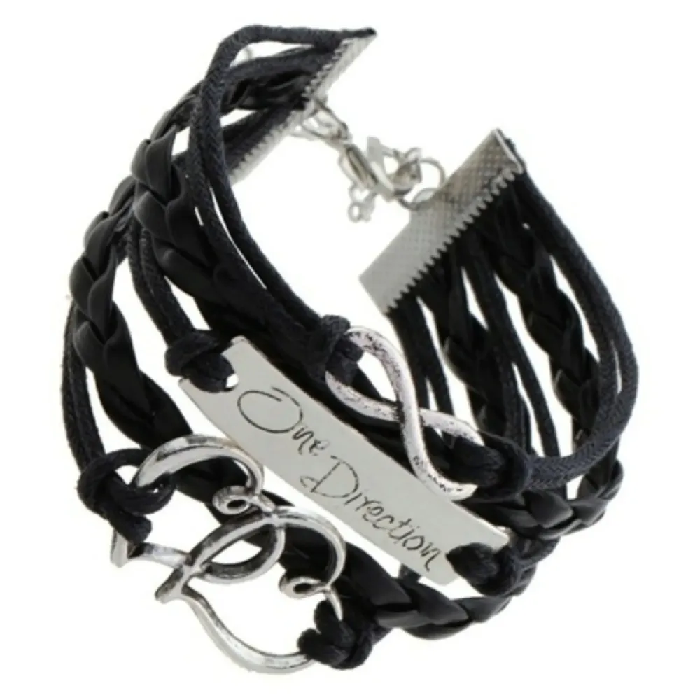 1d ~ Twin Hearts + Infinity + One Direction Leather Bracelet ~ Black