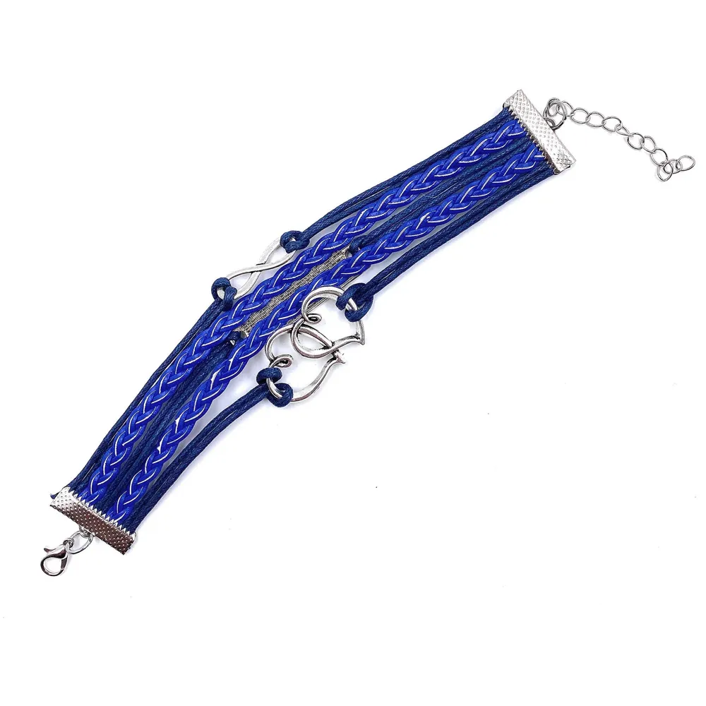 One Direction Twin Hearts Leather Charm Bracelet For Women (Dark Blue)