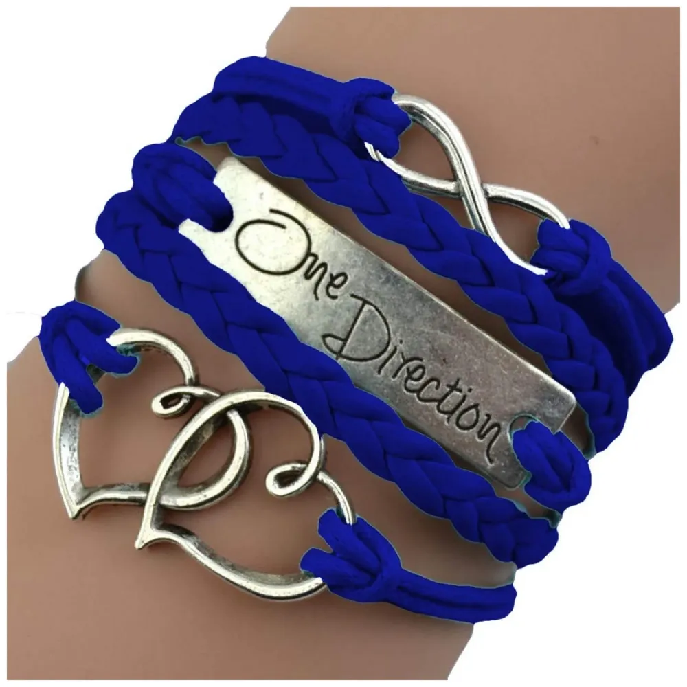 One Direction Twin Hearts Leather Charm Bracelet For Women (Dark Blue)
