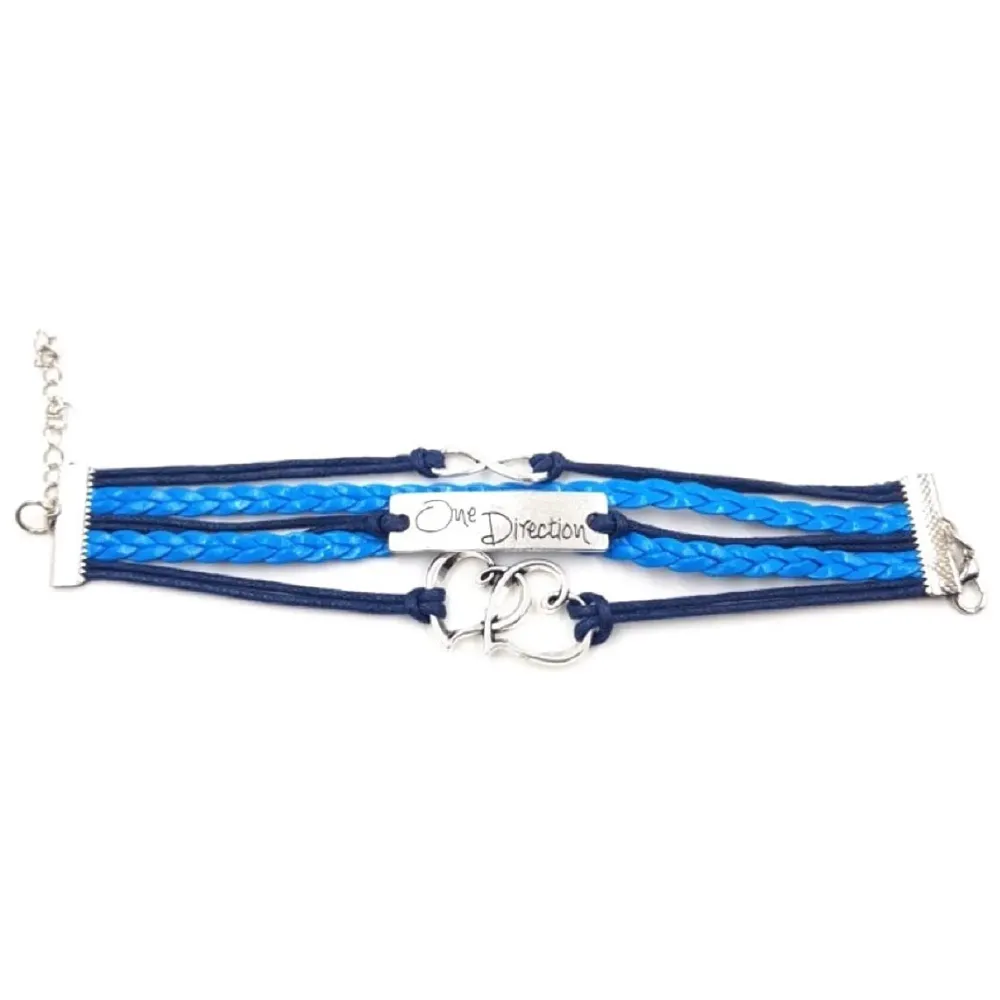 One Direction Twin Hearts Leather Charm Bracelet For Women (Light Blue)