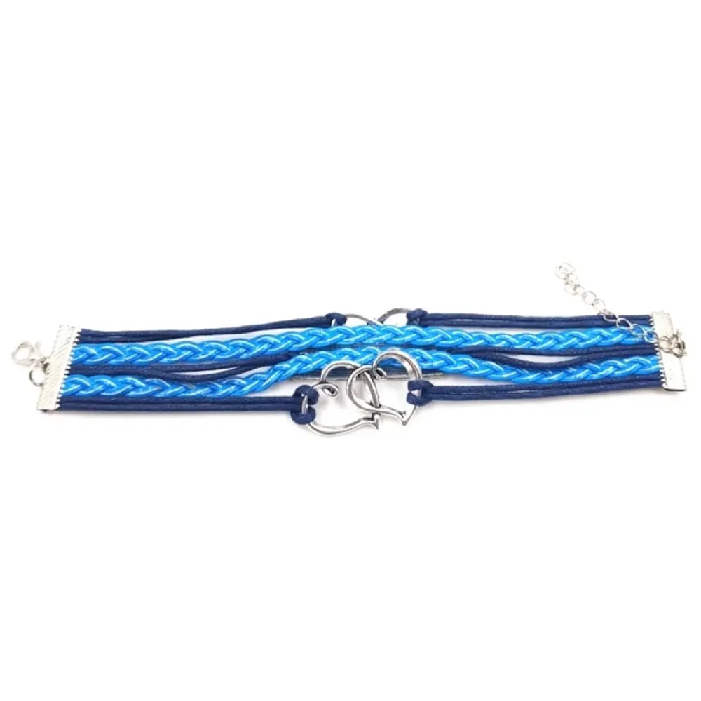 One Direction Twin Hearts Leather Charm Bracelet For Women (Light Blue)