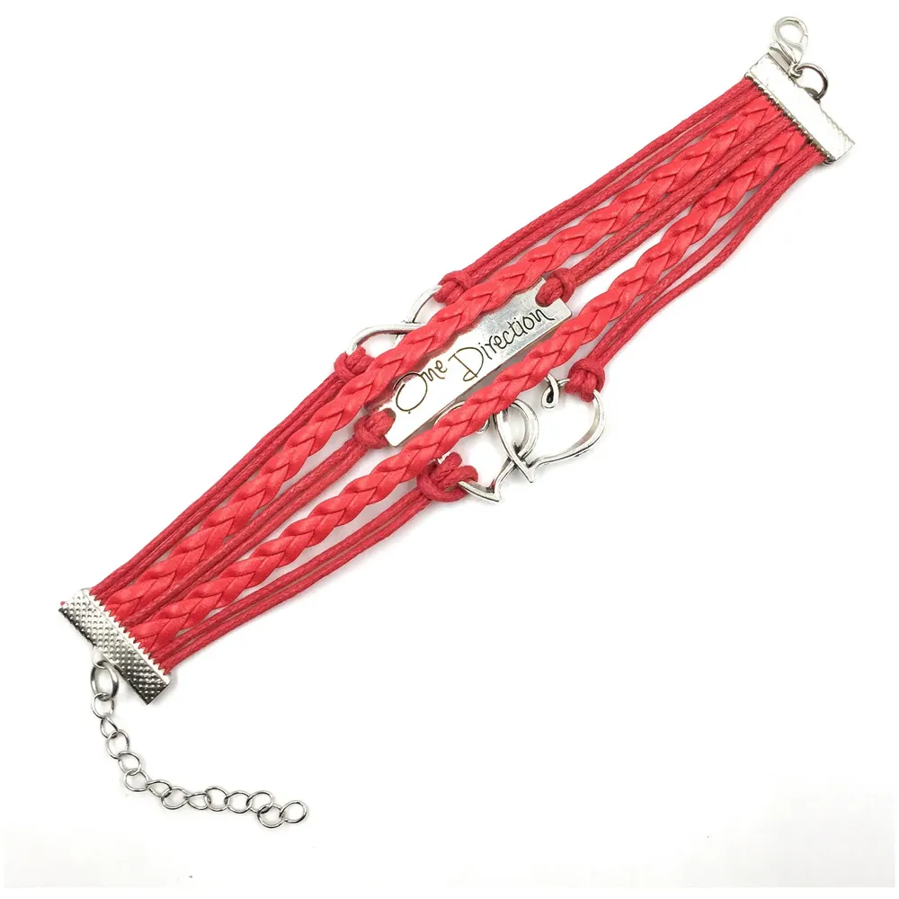 1D ~ Twin Hearts + Infinity + One Direction Leather Bracelet ~ PASSION RED