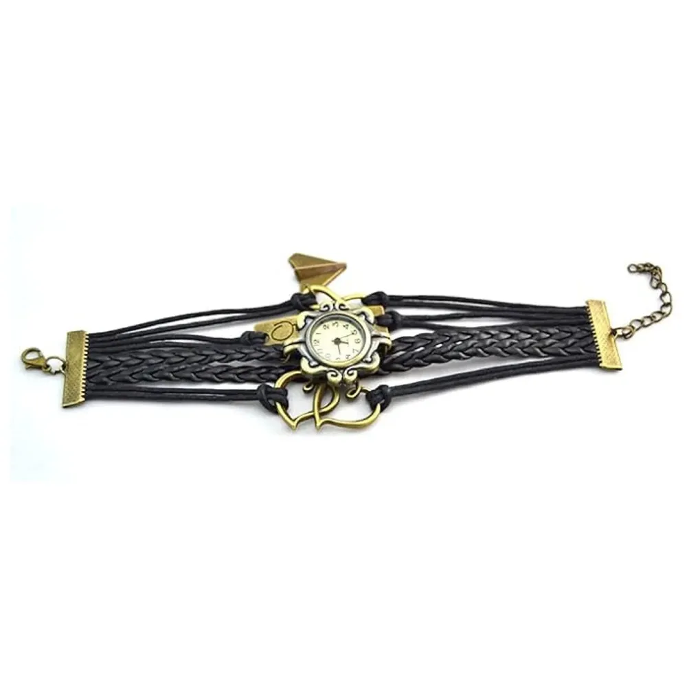 One Direction Multi-Charm Watch Bracelet with Twin Hearts, Infinity & Airplane Charms, Leather Wrap Wristwatch for Girls & Directioner Fans