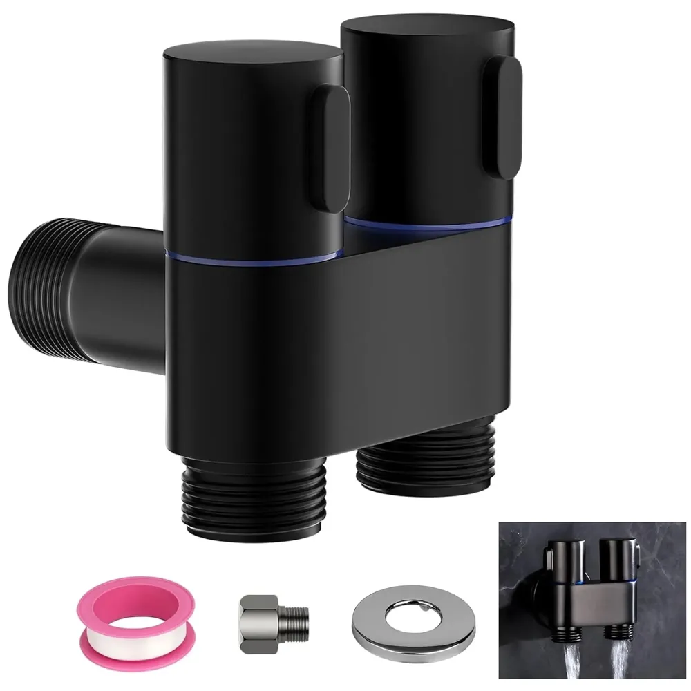 1-In-2-Out Dual Control Angle Valve, Angular Angle Cock Water Splitter Valve with Shut-Off, 1/2" Black