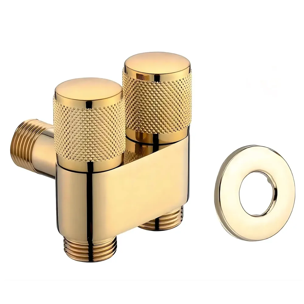 Gold 2 in 1 Angular Dual Double Angle Valve Dual Tap for Bathroom, Geyser | Luxury Series Two-Way | 2 in 1 Angle Valve for Bathroom | Two Way Tap Golden Washing Machine.