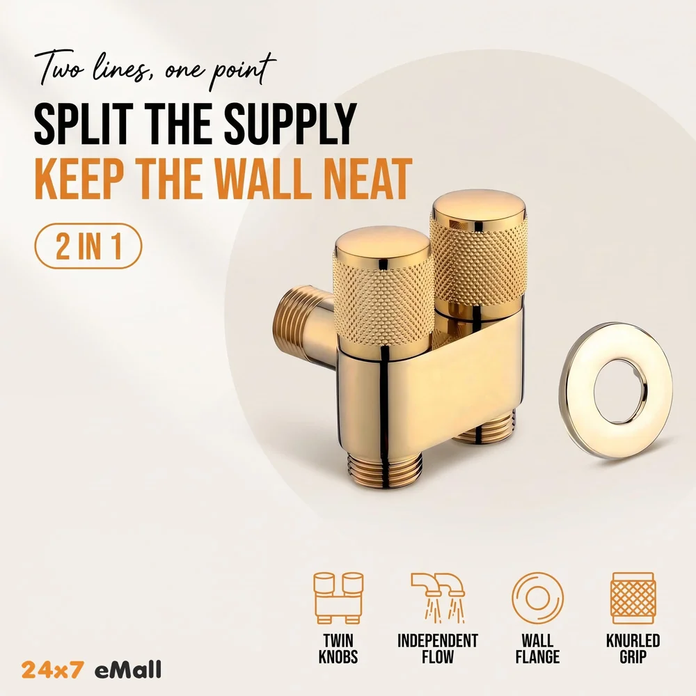 Gold 2 in 1 Angular Dual Double Angle Valve Dual Tap for Bathroom, Geyser | Luxury Series Two-Way | 2 in 1 Angle Valve for Bathroom | Two Way Tap Golden Washing Machine.