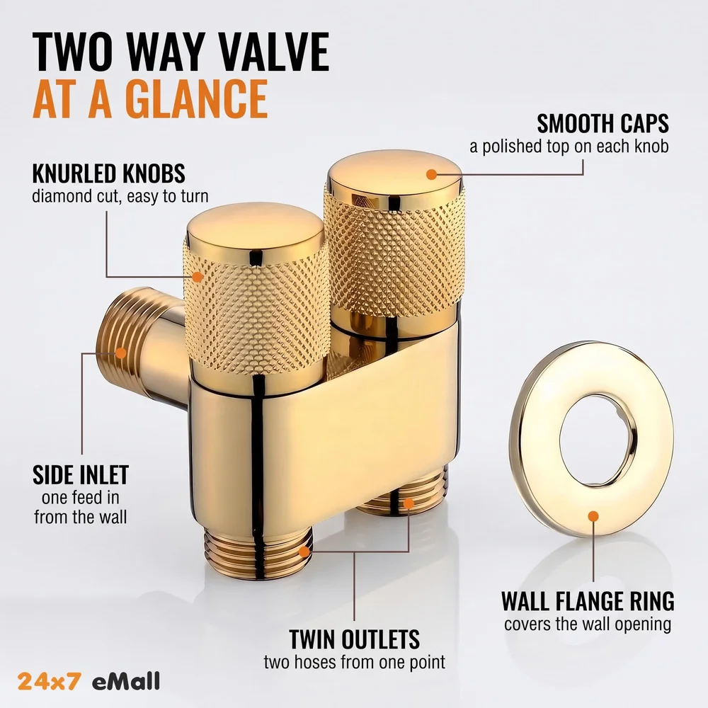 Gold 2 in 1 Angular Dual Double Angle Valve Dual Tap for Bathroom, Geyser | Luxury Series Two-Way | 2 in 1 Angle Valve for Bathroom | Two Way Tap Golden Washing Machine.