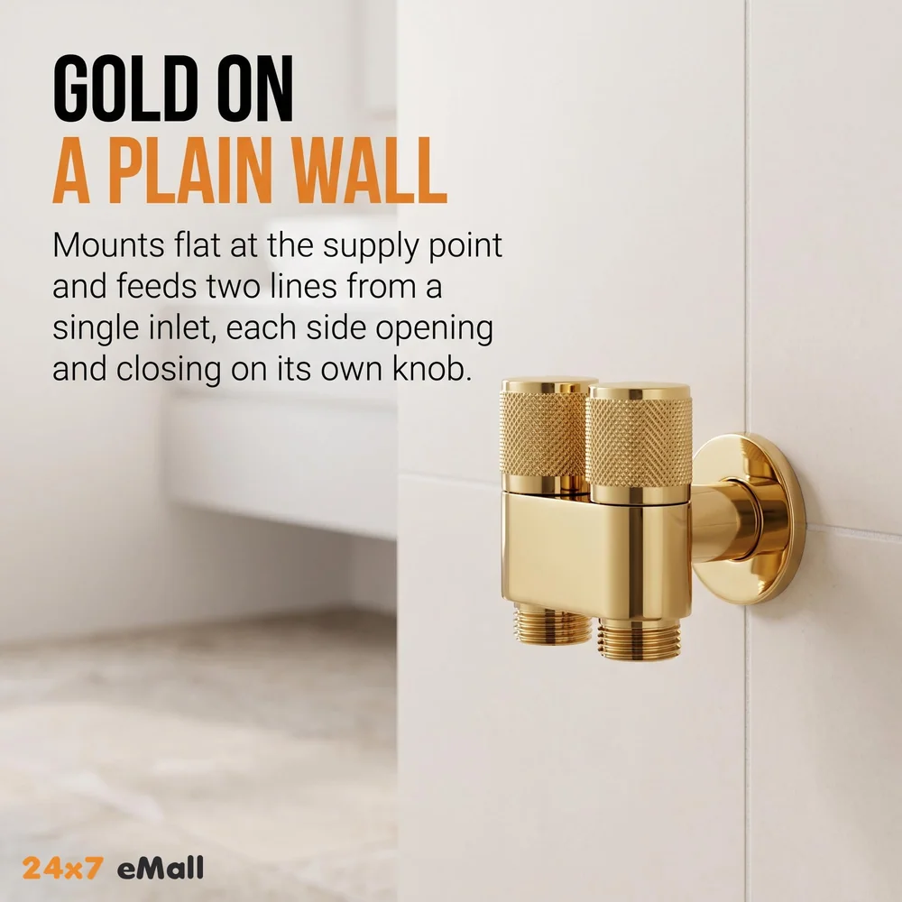 Gold 2 in 1 Angular Dual Double Angle Valve Dual Tap for Bathroom, Geyser | Luxury Series Two-Way | 2 in 1 Angle Valve for Bathroom | Two Way Tap Golden Washing Machine.