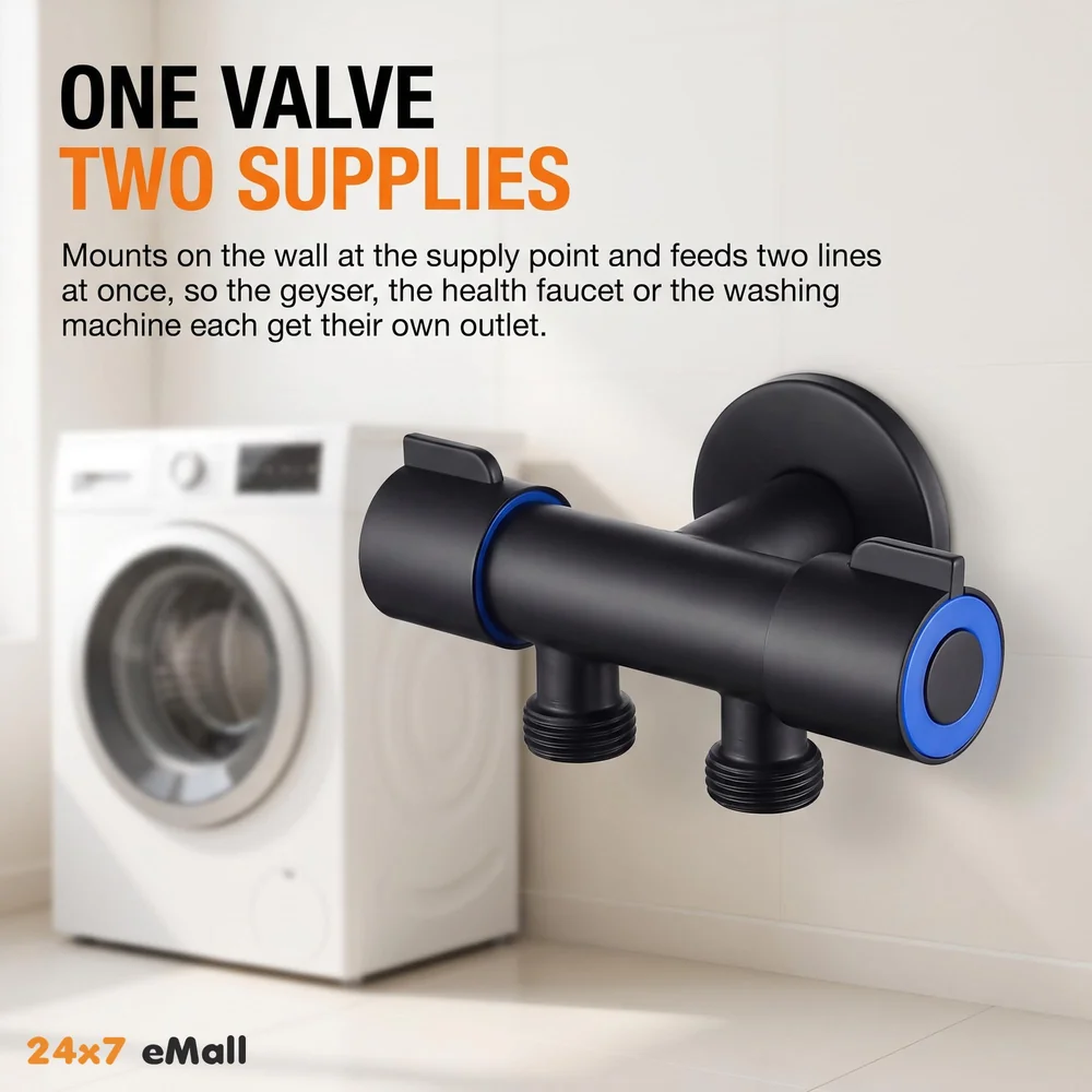 Black 2 in 1 Angular Dual Double Angle Valve Dual Tap for Bathroom, Geyser Two-Way for Bathroom Two Way Tap Washing Machine.