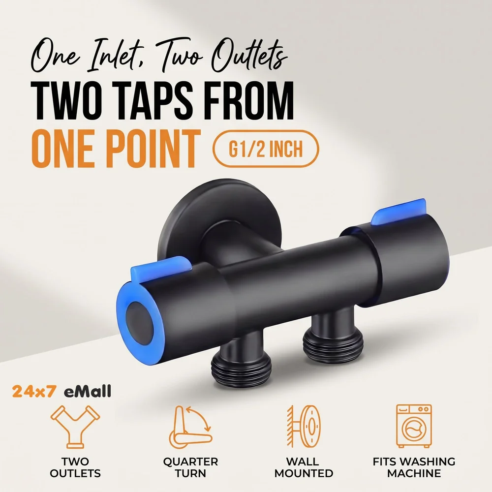 Black 2 in 1 Angular Dual Angle Valve Two Way Tap for Bathrooms