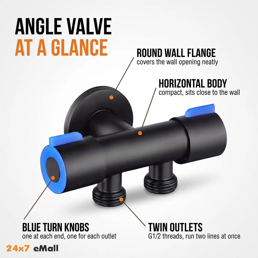 Black 2 in 1 Angular Dual Angle Valve Two Way Tap for Bathrooms