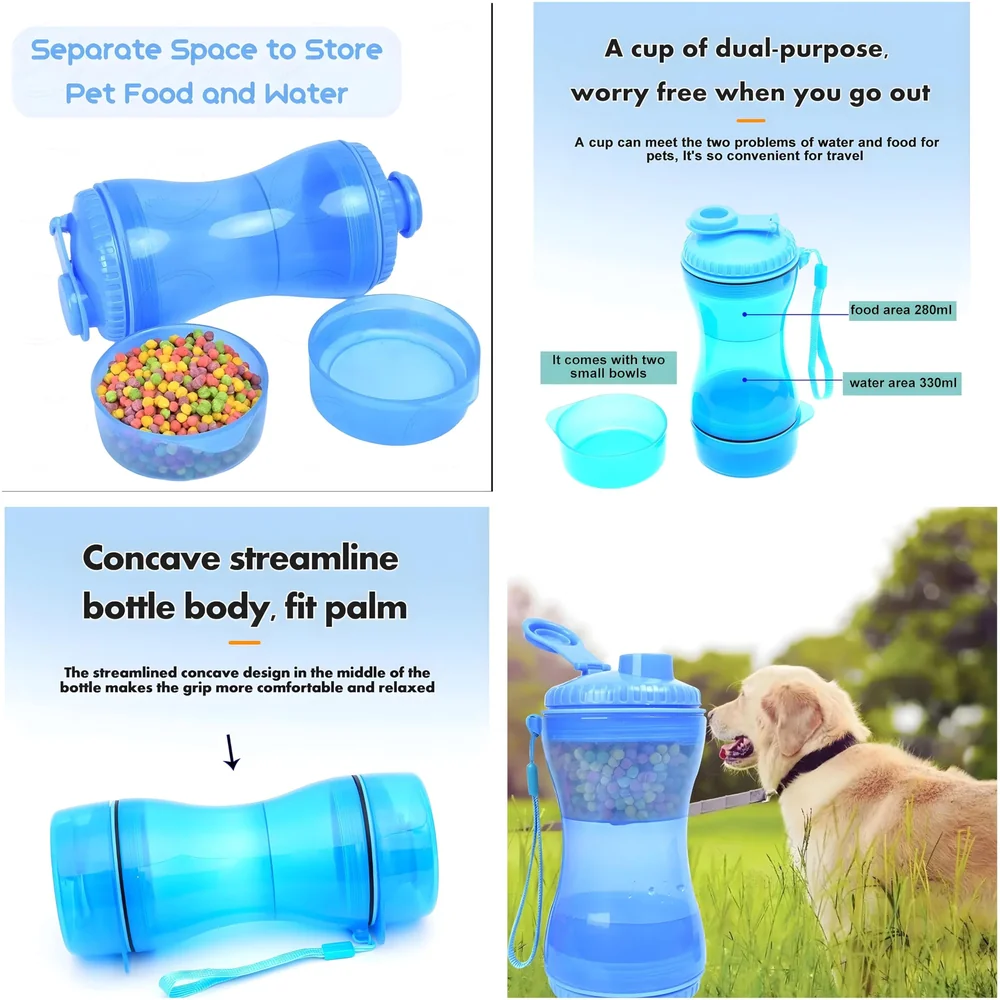 2 in 1 Dog Water Bottle Portable Food Container Drinking Bowl for Small Medium Dogs Outdoor Travel Pet Water Dispenser Feeder