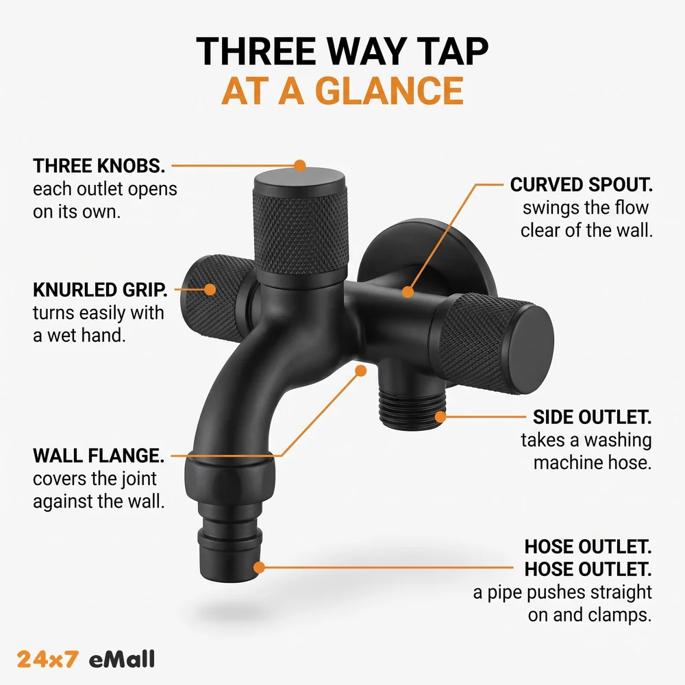 3 in 1 Bibcock Tap Faucet Wall Black Triple for Bathroom, Commode Shower | Luxury Series Three-Way Tap Valve 3 in 1 Water Valve Black Washing Machine - 12.5 x 9 x 12.5 Cm