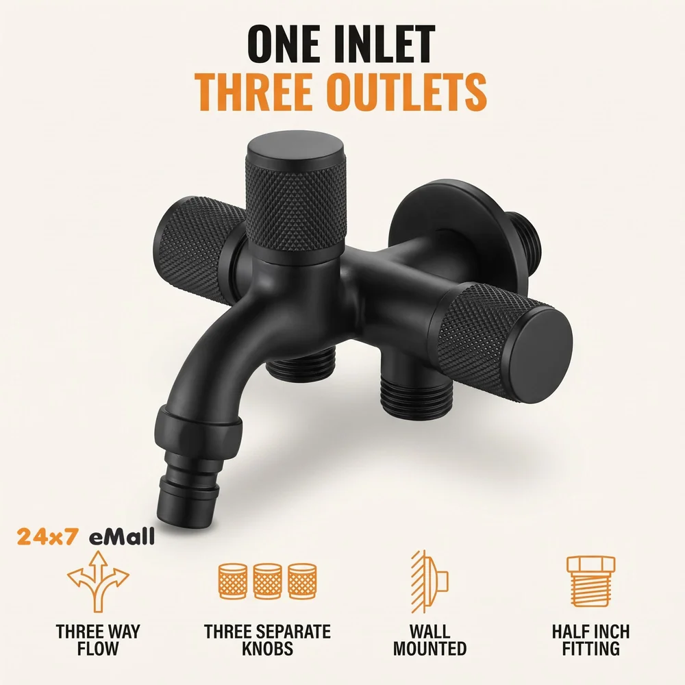 3 in 1 Bibcock Tap Faucet Wall Black Triple for Bathroom, Commode Shower | Luxury Series Three-Way Tap Valve 3 in 1 Water Valve Black Washing Machine - 12.5 x 9 x 12.5 Cm