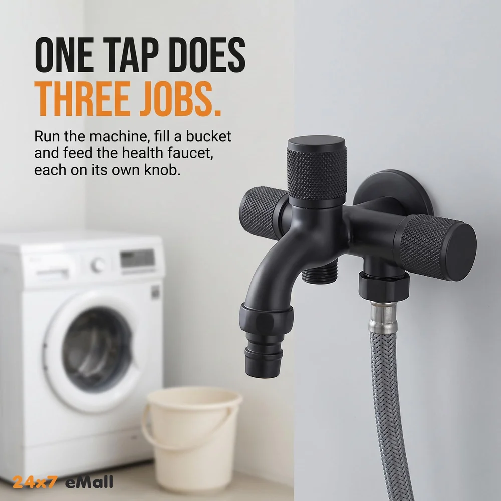 3 in 1 Bibcock Tap Faucet Wall Black Triple for Bathroom, Commode Shower | Luxury Series Three-Way Tap Valve 3 in 1 Water Valve Black Washing Machine - 12.5 x 9 x 12.5 Cm