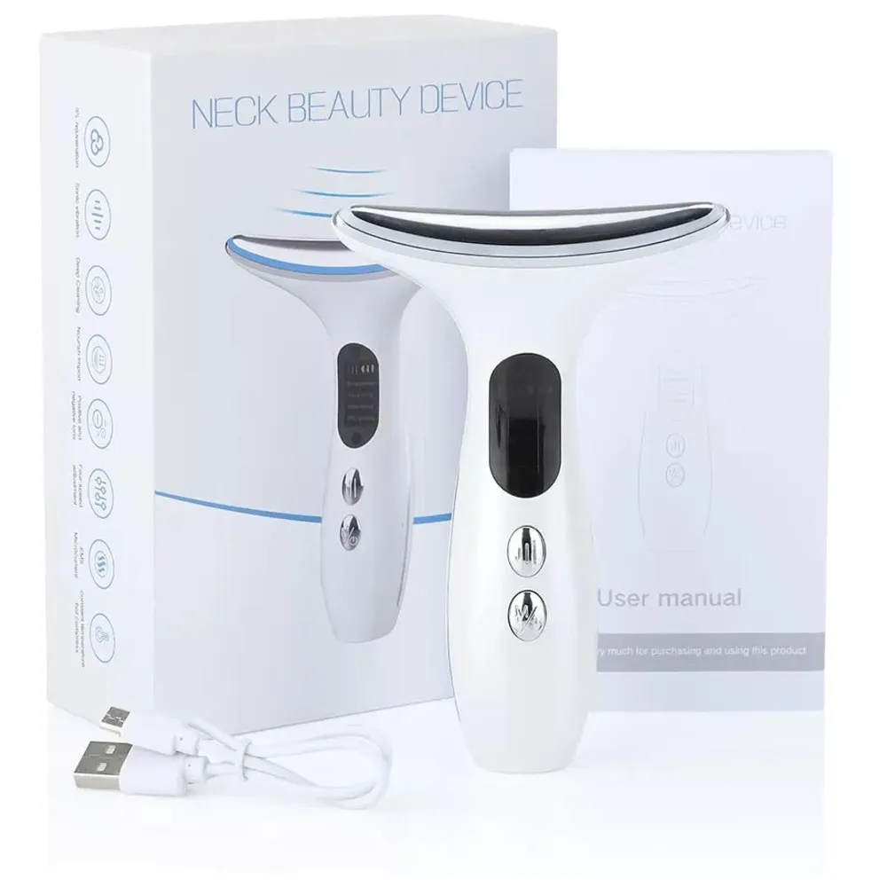 Neck Massager, EMS Microcurrent Vibration Anti Wrinkles Massager Skin Lifting Tightening Device, 3 Color LED Photon Therapy Beauty Device, Neck Care gua sha Double chin Reducer