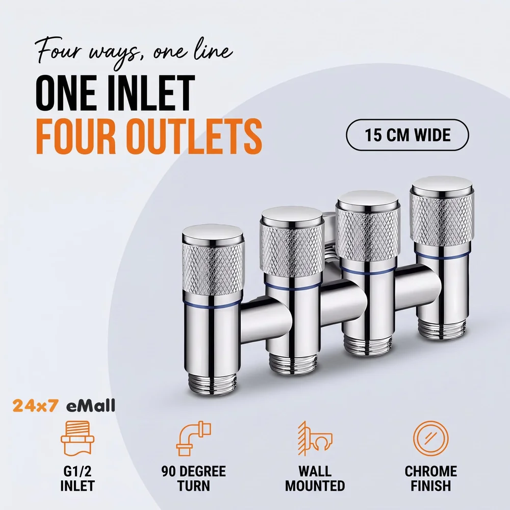 4 in 1 Angular Angle Valve Black Triple Tap for Bathroom, Geyser | Luxury Series Three-Way Angle Valve 4 in 1 valve for Bathroom Three Way Tap Silver Chrome Washing Machine. 15 x 6.5 cm