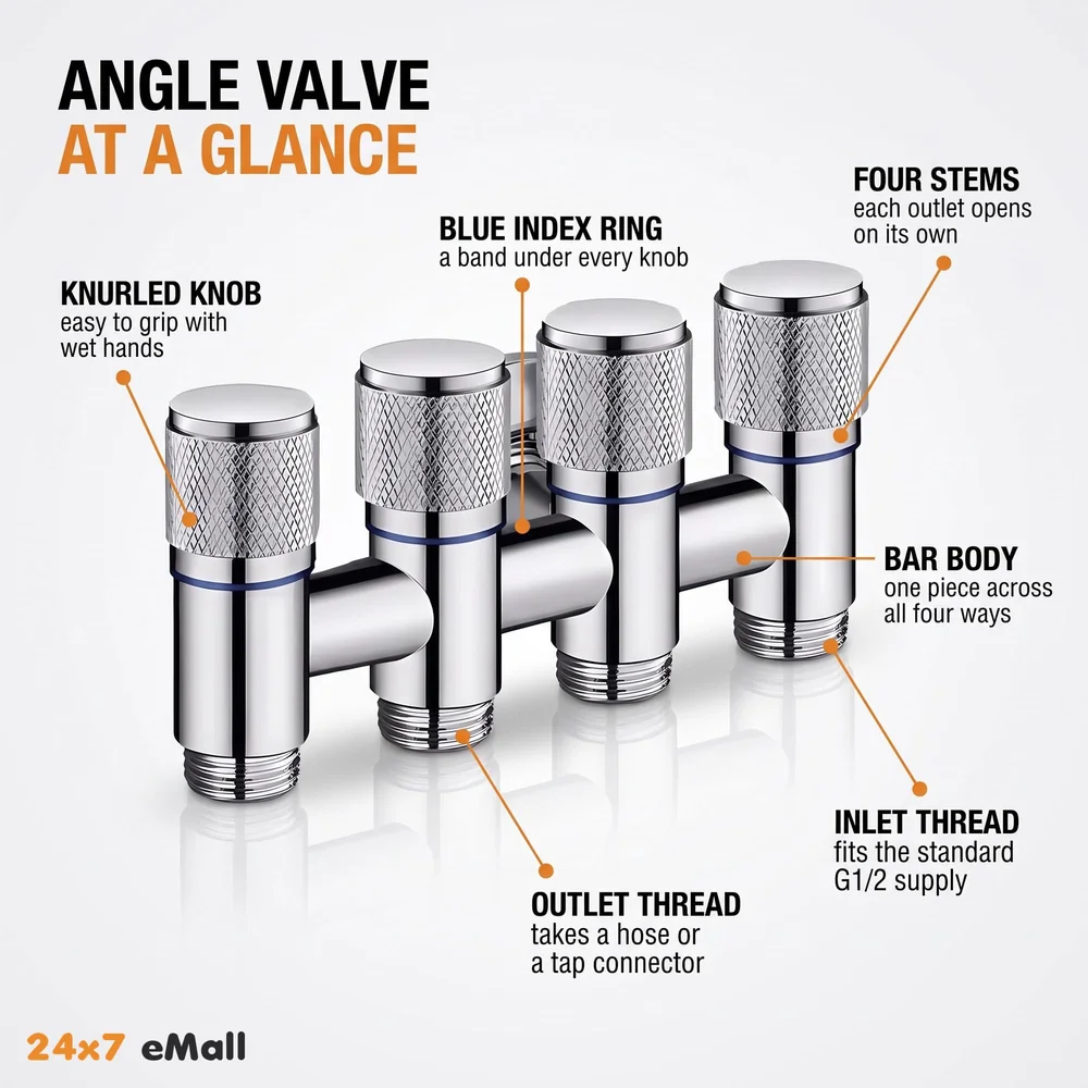 4 in 1 Angular Angle Valve Black Triple Tap for Bathroom, Geyser | Luxury Series Three-Way Angle Valve 4 in 1 valve for Bathroom Three Way Tap Silver Chrome Washing Machine. 15 x 6.5 cm