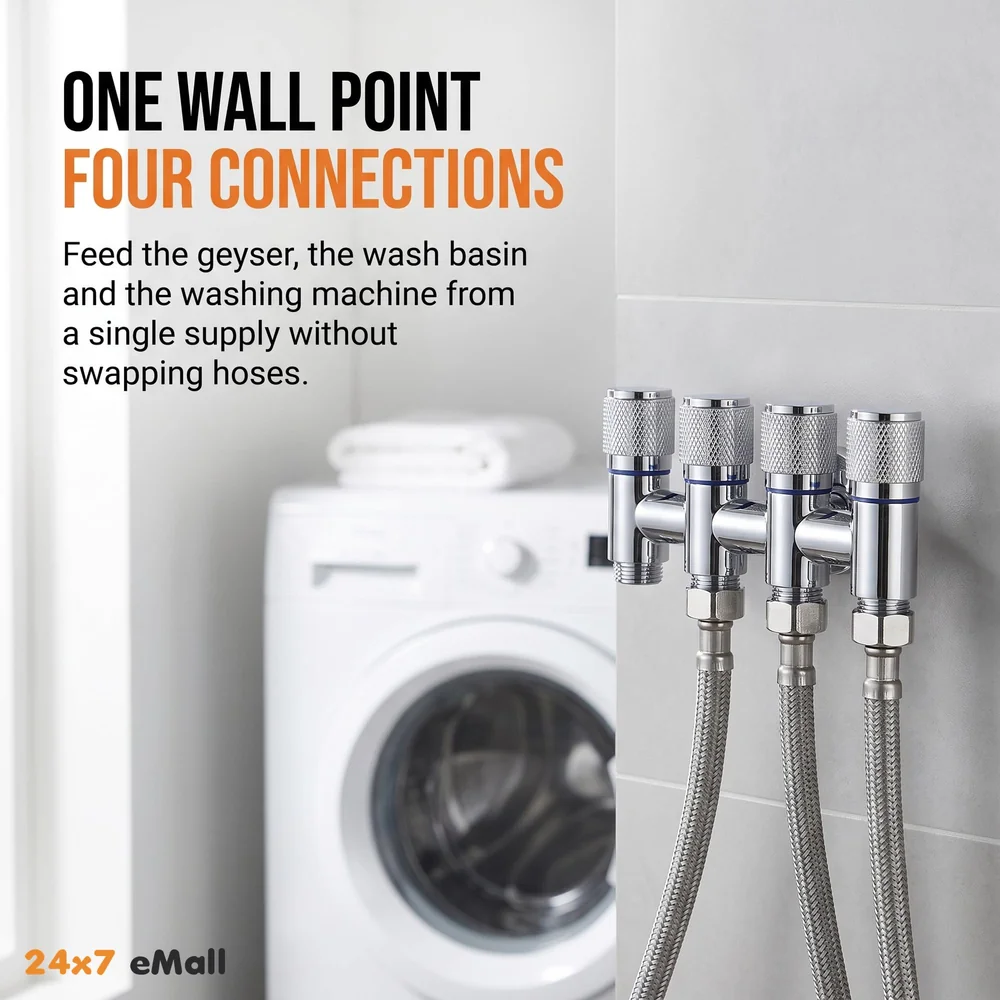 4 in 1 Angular Angle Valve Black Triple Tap for Bathroom, Geyser | Luxury Series Three-Way Angle Valve 4 in 1 valve for Bathroom Three Way Tap Silver Chrome Washing Machine. 15 x 6.5 cm