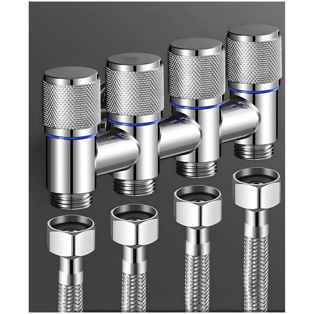 4 in 1 Angular Angle Valve Black Triple Tap for Bathroom, Geyser | Luxury Series Three-Way Angle Valve 4 in 1 valve for Bathroom Three Way Tap Silver Chrome Washing Machine. 15 x - Premium
