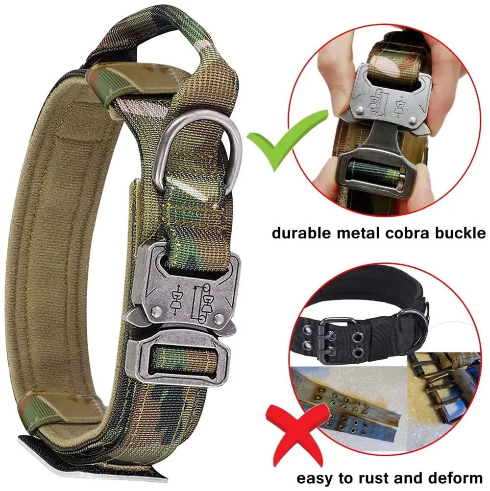 Adjustable Dog Collar Military Dog Collar Made of Nylon with a Handle Strap Metal Buckle Quick Release Dog Training Collar