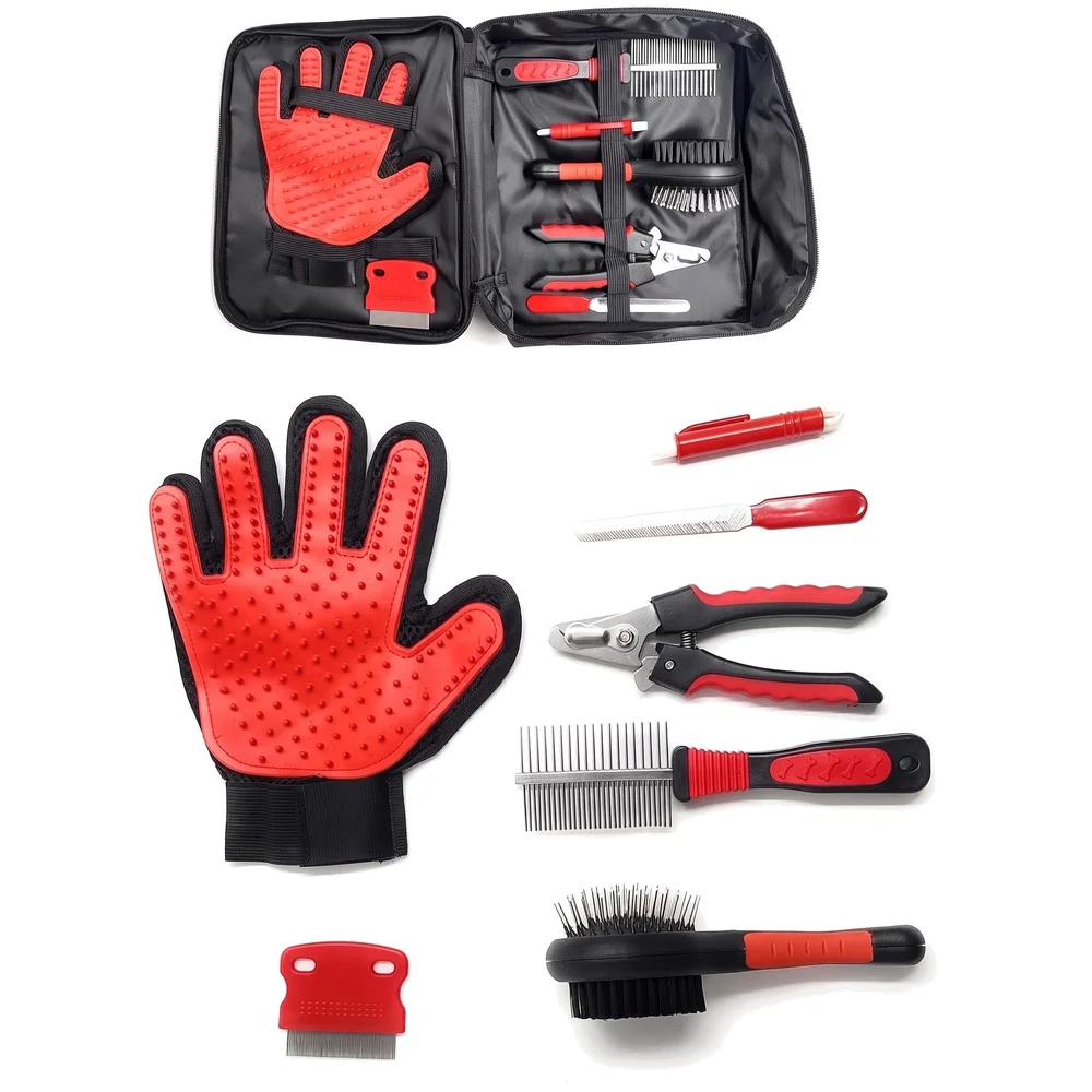 Pet Grooming Kit Grooming Kit With Carry Bag for Dog and Cat with, Double-Sided Dog Comb, Deshedding Glove, Slick Hair Brush, Double Sided Pin Brush, Nail Cutter, Lice Comb, and Filer.