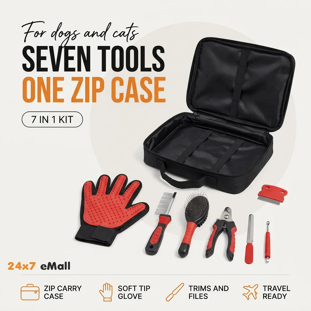 Pet Grooming Kit Grooming Kit With Carry Bag for Dog and Cat with, Double-Sided Dog Comb, Deshedding Glove, Slick Hair Brush, Double Sided Pin Brush, Nail Cutter, Lice Comb, and Filer.