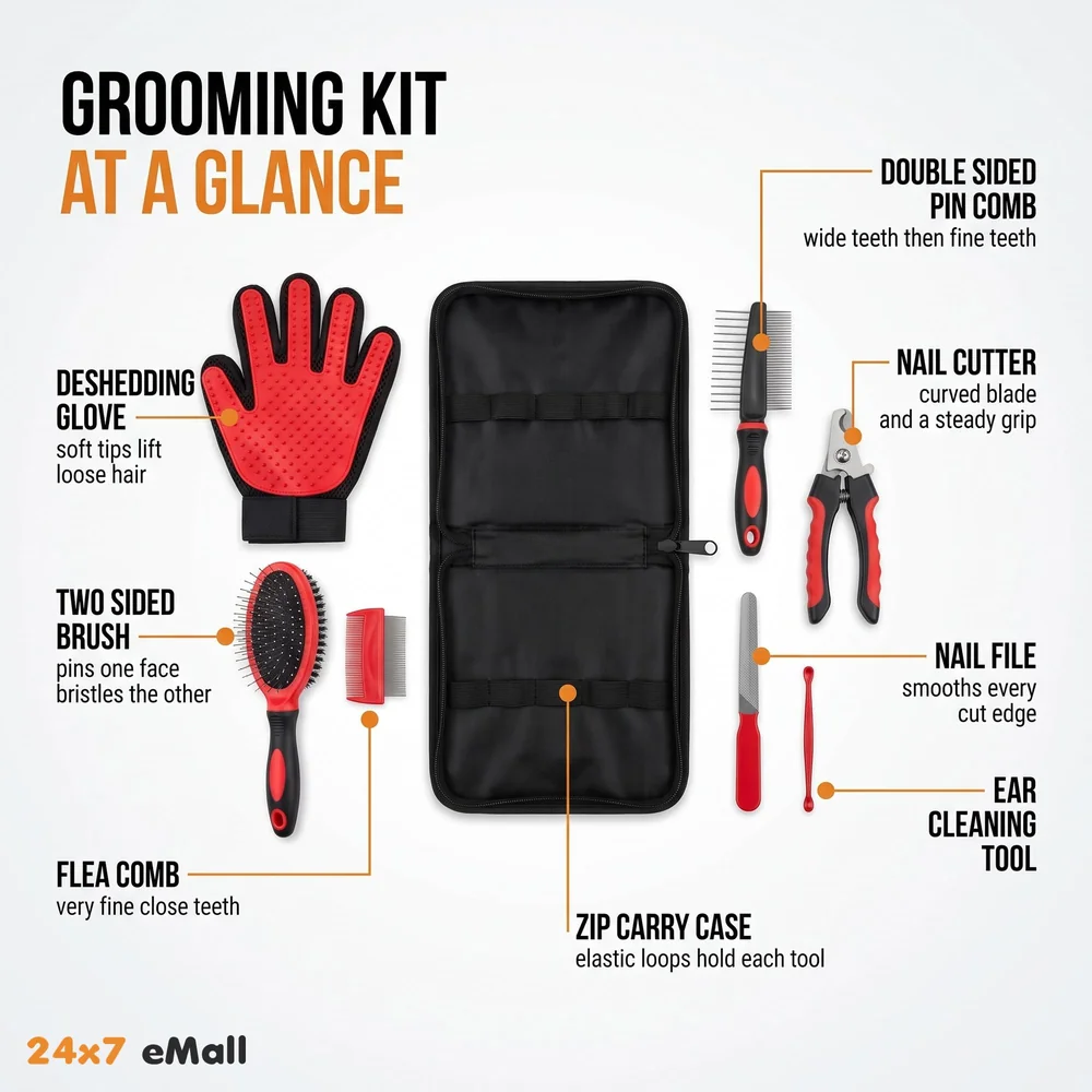 Pet Grooming Kit Grooming Kit With Carry Bag for Dog and Cat with, Double-Sided Dog Comb, Deshedding Glove, Slick Hair Brush, Double Sided Pin Brush, Nail Cutter, Lice Comb, and Filer.