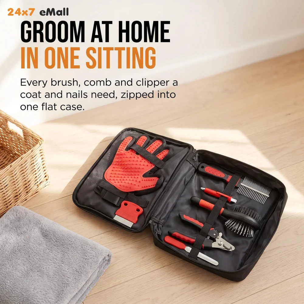 Pet Grooming Kit Grooming Kit With Carry Bag for Dog and Cat with, Double-Sided Dog Comb, Deshedding Glove, Slick Hair Brush, Double Sided Pin Brush, Nail Cutter, Lice Comb, and Filer.