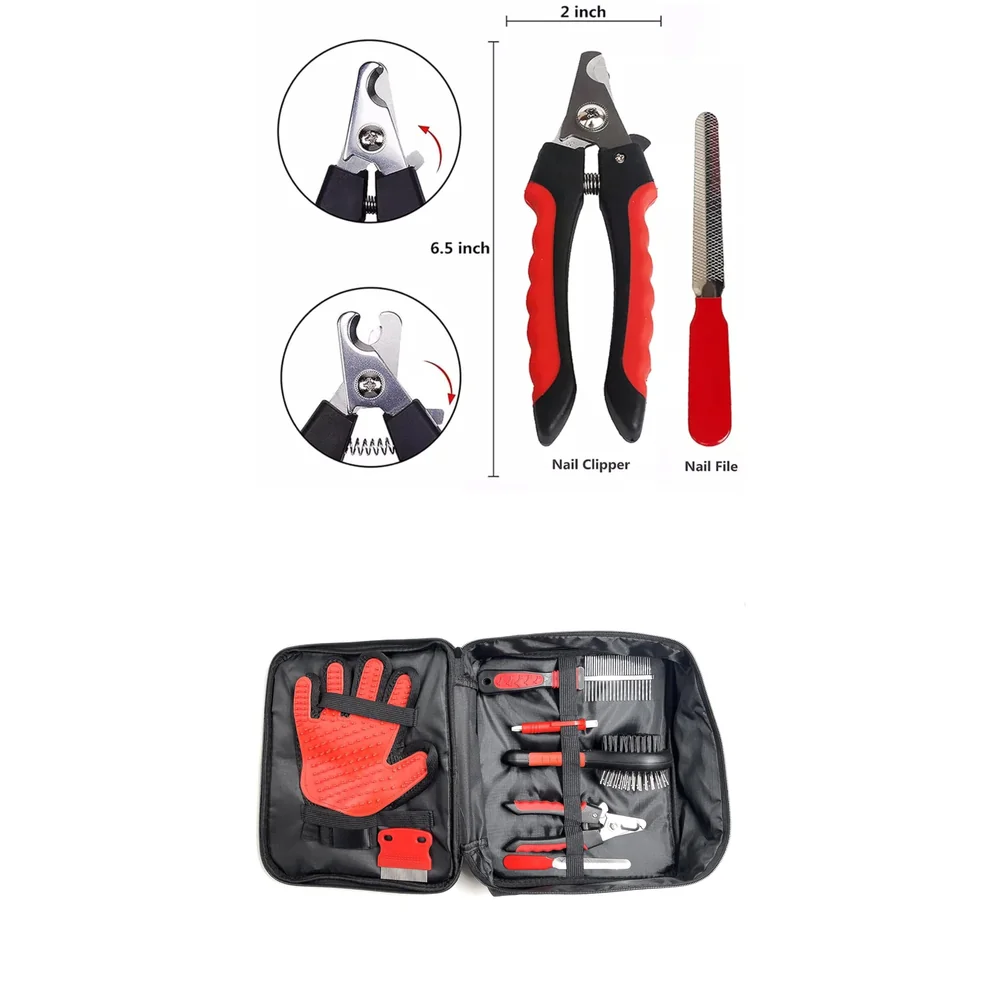 Pet Grooming Kit Grooming Kit With Carry Bag for Dog and Cat with, Double-Sided Dog Comb, Deshedding Glove, Slick Hair Brush, Double Sided Pin Brush, Nail Cutter, Lice Comb, and Filer.