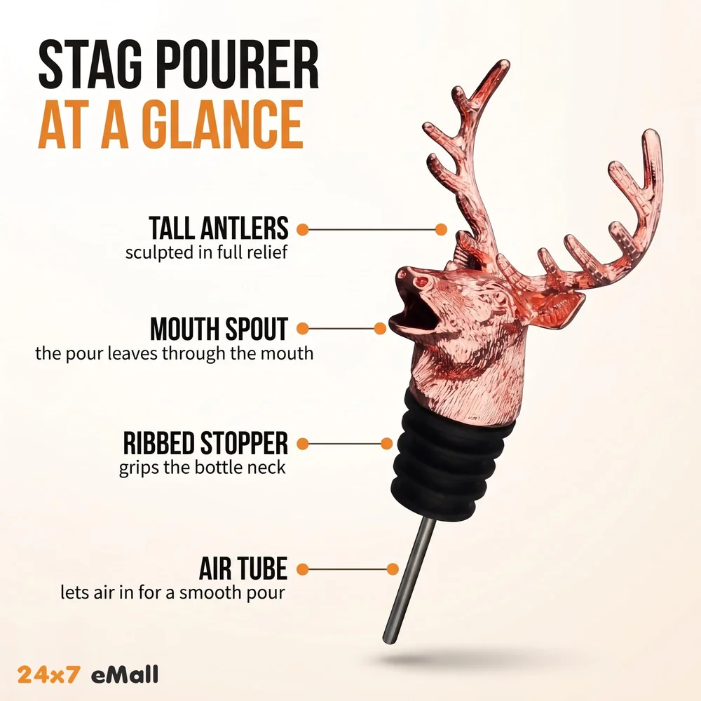 Stag Head Liquor Bottle Pourer Liquor Pour Spout 1 Pc Deer Head Bottle Tipping Nozzle Silicone Stoppers Silver for Bars Homes Party Rose Antique