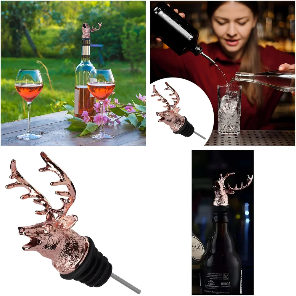 Stag Head Liquor Bottle Pourer Liquor Pour Spout 1 Pc Deer Head Bottle Tipping Nozzle Silicone Stoppers Silver for Bars Homes Party Rose Antique