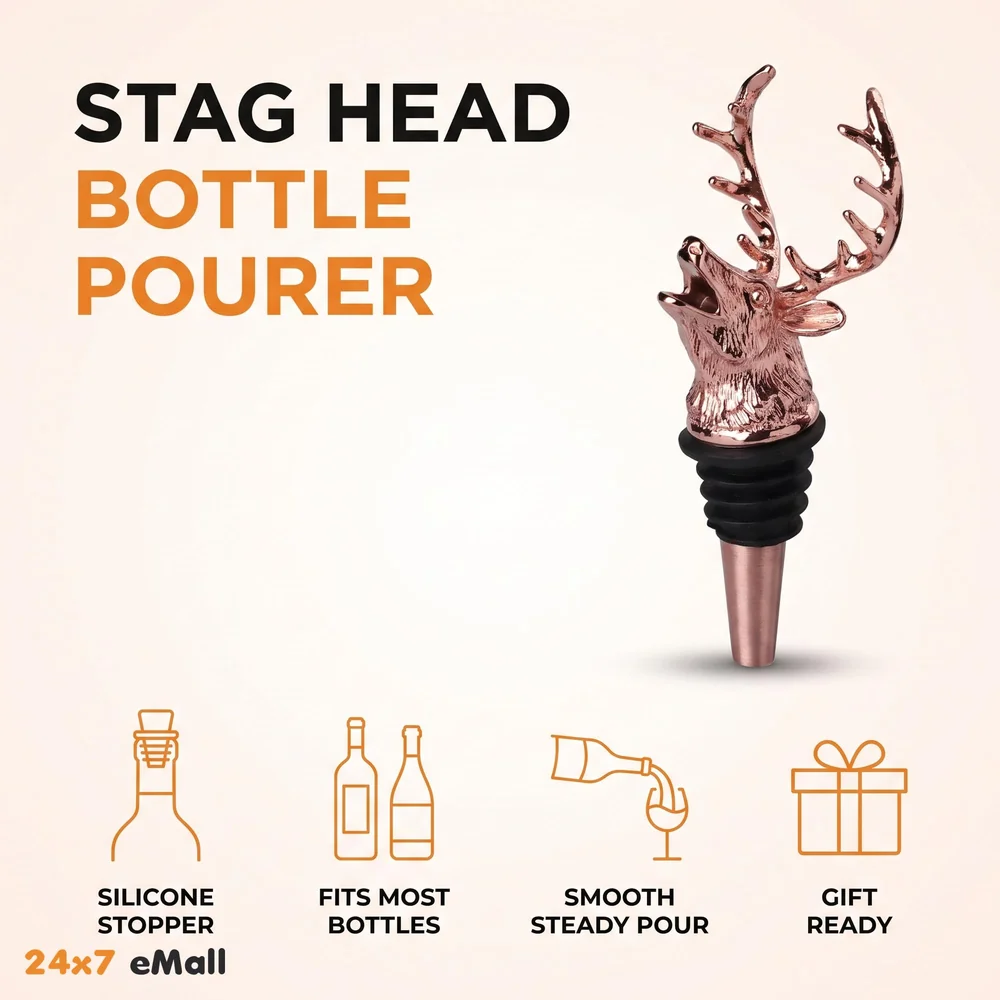 Stag Head Liquor Bottle Pourer Liquor Pour Spout 1 Pc Deer Head Bottle Tipping Nozzle Silicone Stoppers Silver for Bars Homes Party Rose Antique