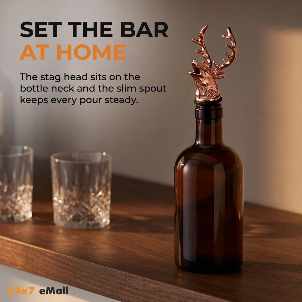 Stag Head Liquor Bottle Pourer Liquor Pour Spout 1 Pc Deer Head Bottle Tipping Nozzle Silicone Stoppers Silver for Bars Homes Party Rose Antique