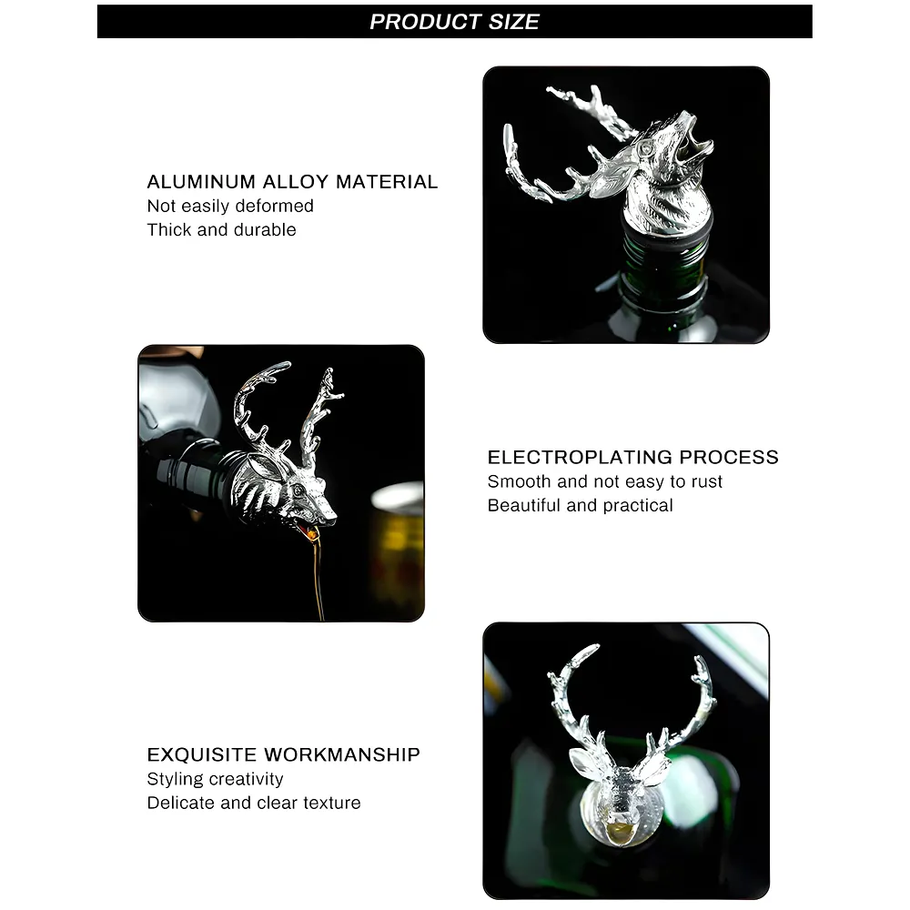 Stag Head Liquor Bottle Pourer Liquor Pour Spout 1Pc Deer Head Bottle Tipping Nozzle Silicone Stoppers Silver for Bars Homes Party