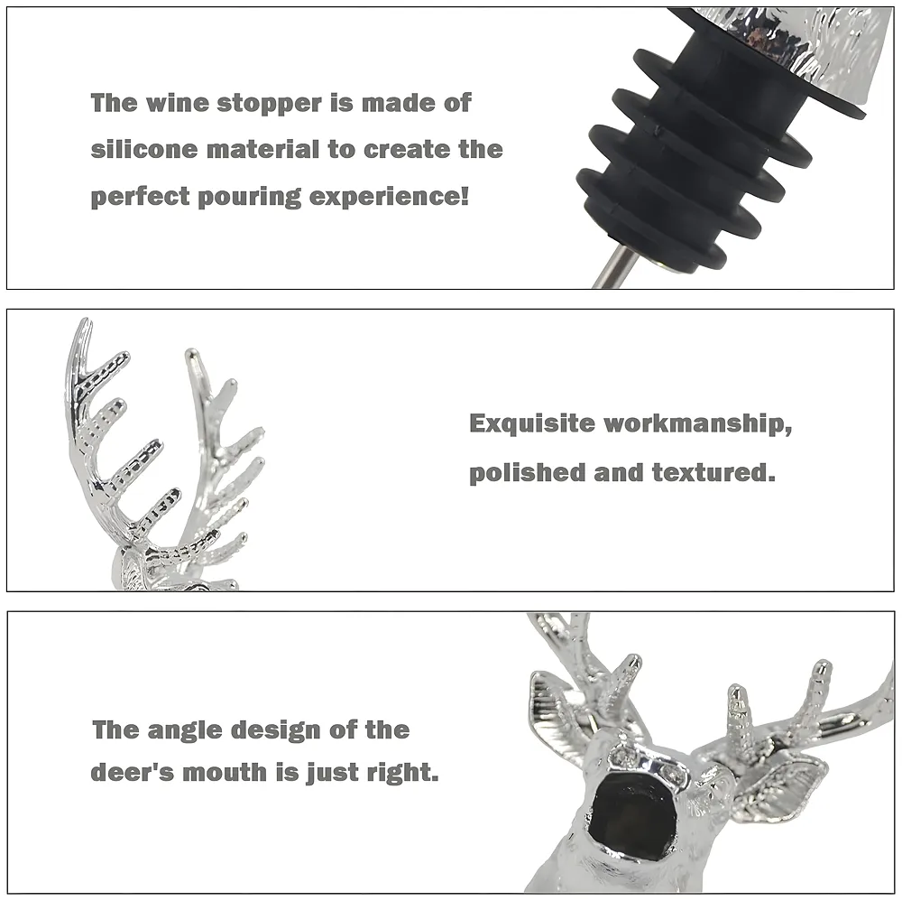 Stag Head Liquor Bottle Pourer Liquor Pour Spout 1Pc Deer Head Bottle Tipping Nozzle Silicone Stoppers Silver for Bars Homes Party