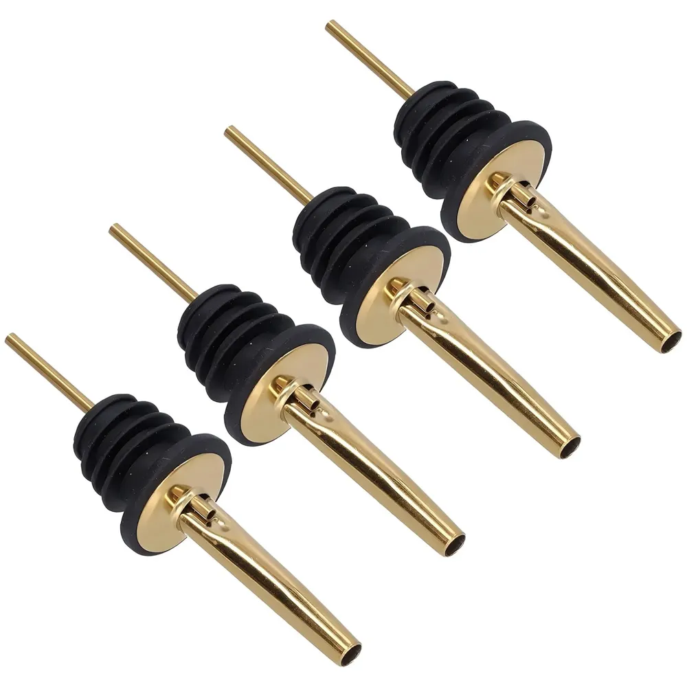 4 Pcs Gold Liquor Bottle Pourer Liquor Pour Spout Head Bottle Tipping Nozzle Silicone Stoppers for Bars Homes Party 11.3 cm x 2.9 cm Fits Most Bottles.