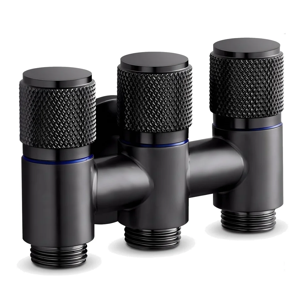 3 in 1 Angular Angle Valve Black Triple Tap for Bathroom, Geyser | Luxury Series Three-Way Angle Valve 3 in 1 valve for Bathroom Three Way Tap Black Washing Machine. 11 x 7 cm