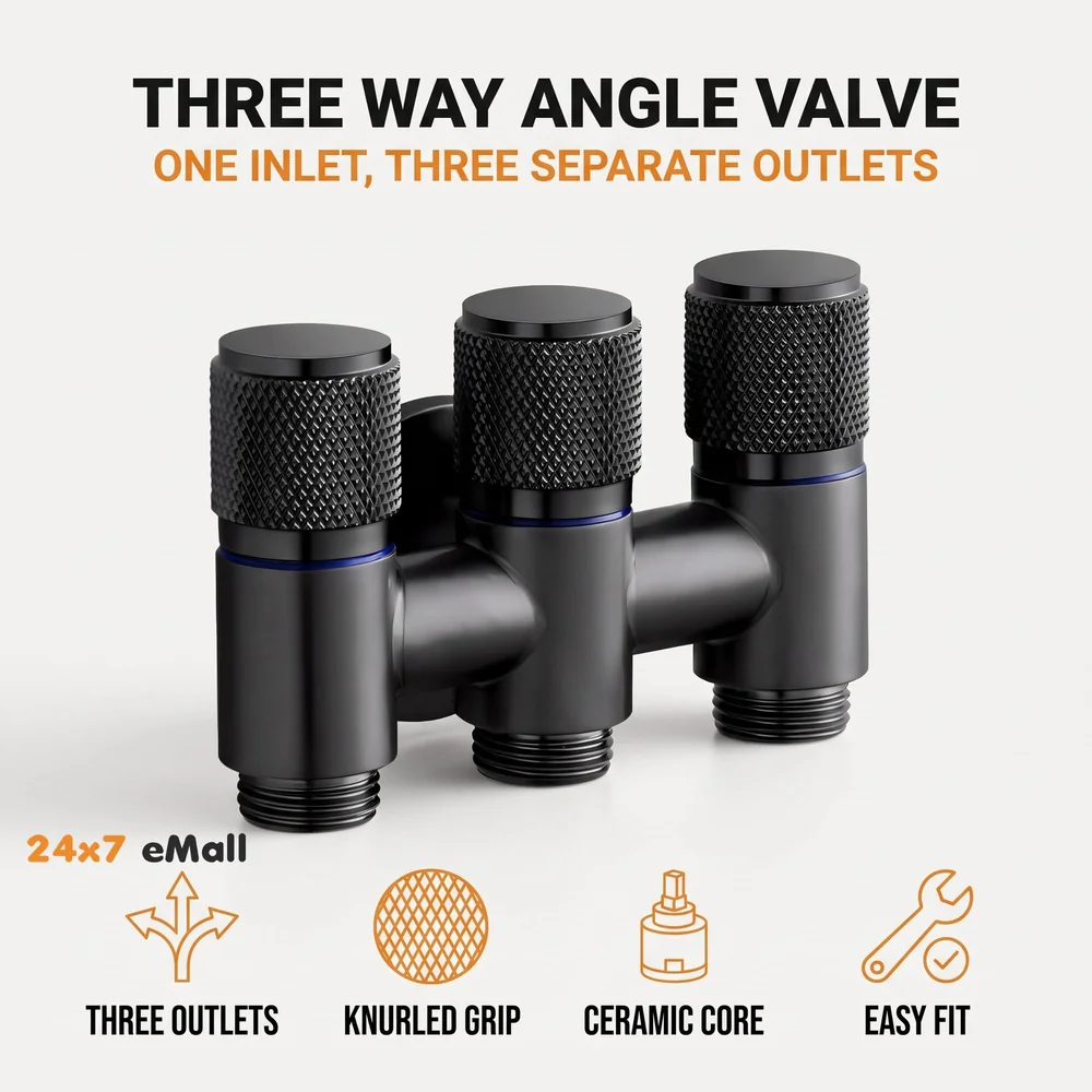 3 in 1 Angular Angle Valve Black Triple Tap for Bathroom, Geyser | Luxury Series Three-Way Angle Valve 3 in 1 valve for Bathroom Three Way Tap Black Washing Machine. 11 x 7 cm