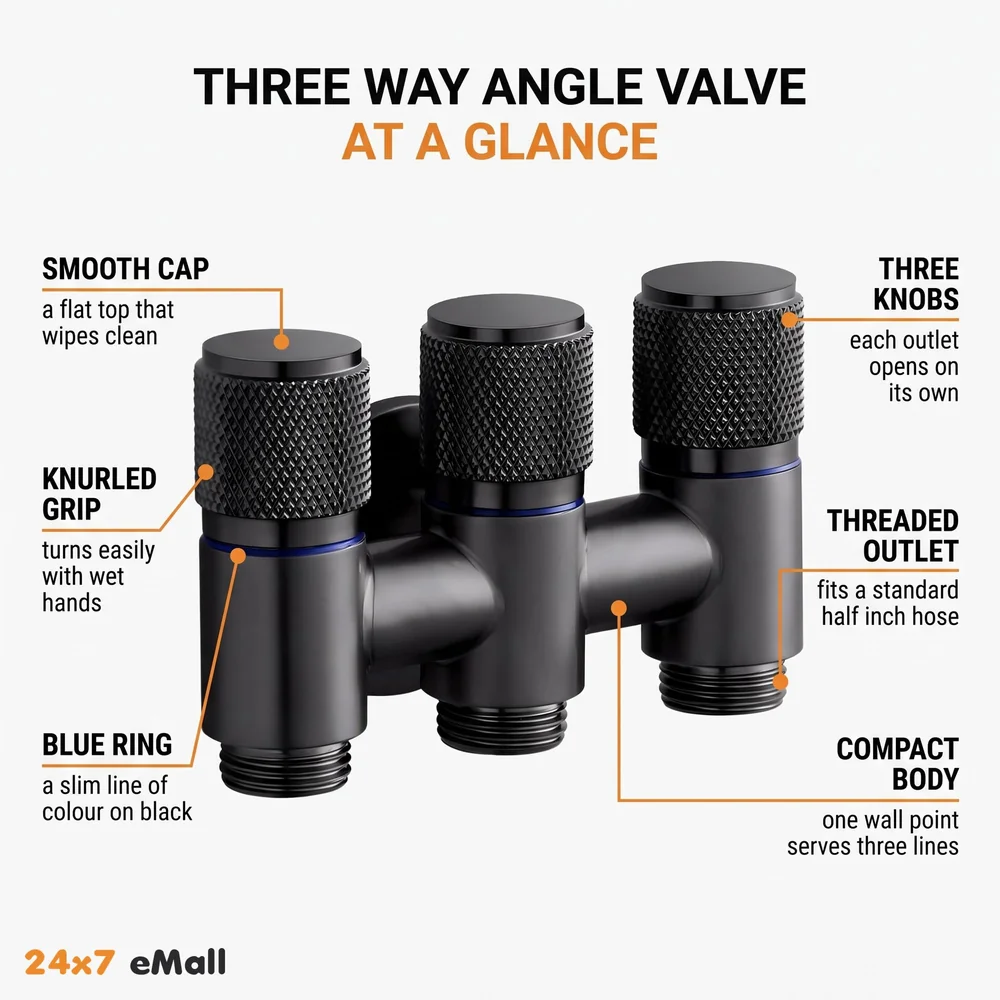 3 in 1 Angular Angle Valve Black Triple Tap for Bathroom, Geyser | Luxury Series Three-Way Angle Valve 3 in 1 valve for Bathroom Three Way Tap Black Washing Machine. 11 x 7 cm