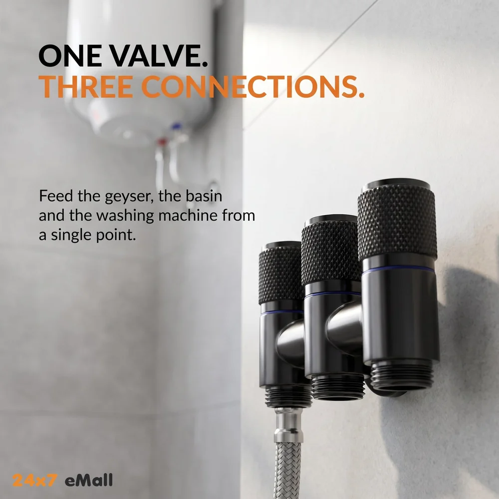 3 in 1 Angular Angle Valve Black Triple Tap for Bathroom, Geyser | Luxury Series Three-Way Angle Valve 3 in 1 valve for Bathroom Three Way Tap Black Washing Machine. 11 x 7 cm
