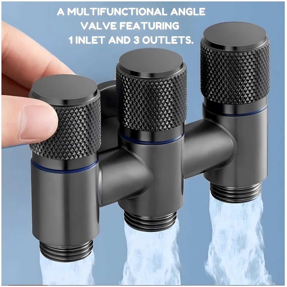 3 in 1 Angular Angle Valve Black Triple Tap for Bathroom, Geyser | Luxury Series Three-Way Angle Valve 3 in 1 valve for Bathroom Three Way Tap Black Washing Machine. 11 x 7 cm