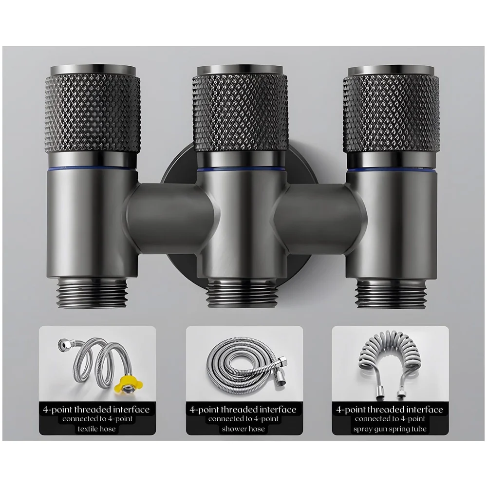 3 in 1 Angular Angle Valve Black Triple Tap for Bathroom, Geyser | Luxury Series Three-Way Angle Valve 3 in 1 valve for Bathroom Three Way Tap Black Washing Machine. 11 x 7 cm