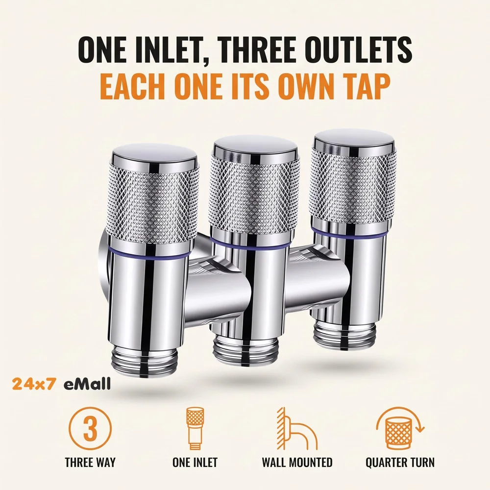 3 in 1 Angular Angle Valve Black Triple Tap for Bathroom, Geyser | Luxury Series Three-Way 3 in 1 Valve for Bathroom Three Way Tap Silver Chrome Washing Machine. 11 x 7 cm