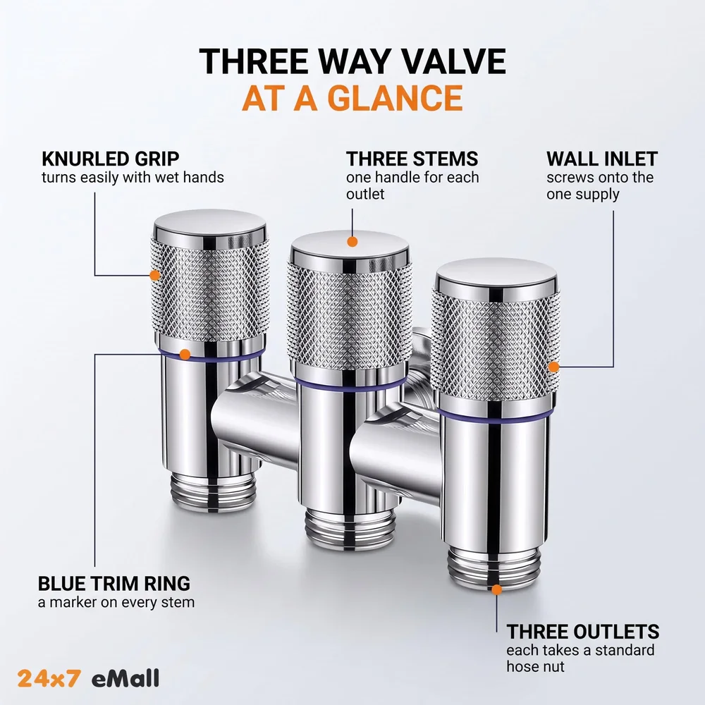 3 in 1 Angular Angle Valve Black Triple Tap for Bathroom, Geyser | Luxury Series Three-Way 3 in 1 Valve for Bathroom Three Way Tap Silver Chrome Washing Machine. 11 x 7 cm