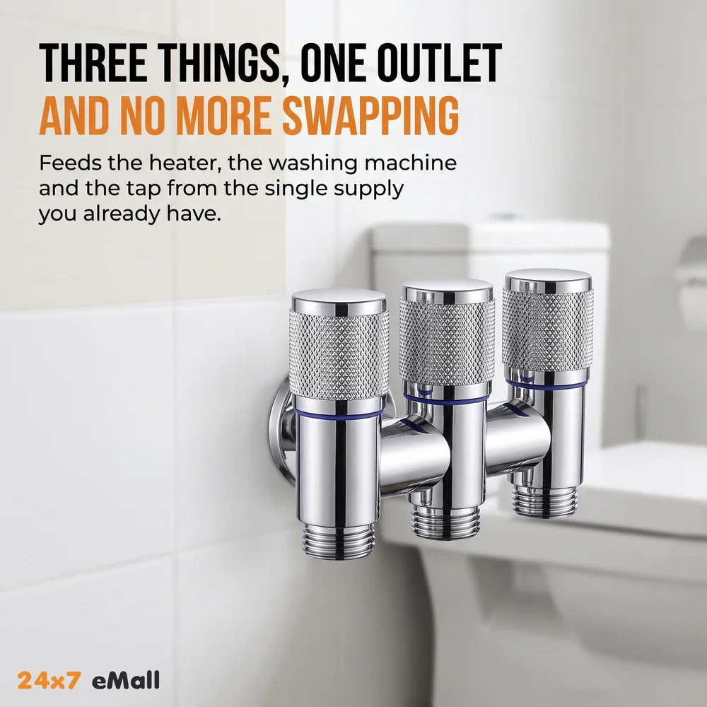 3 in 1 Angular Angle Valve Black Triple Tap for Bathroom, Geyser | Luxury Series Three-Way 3 in 1 Valve for Bathroom Three Way Tap Silver Chrome Washing Machine. 11 x 7 cm