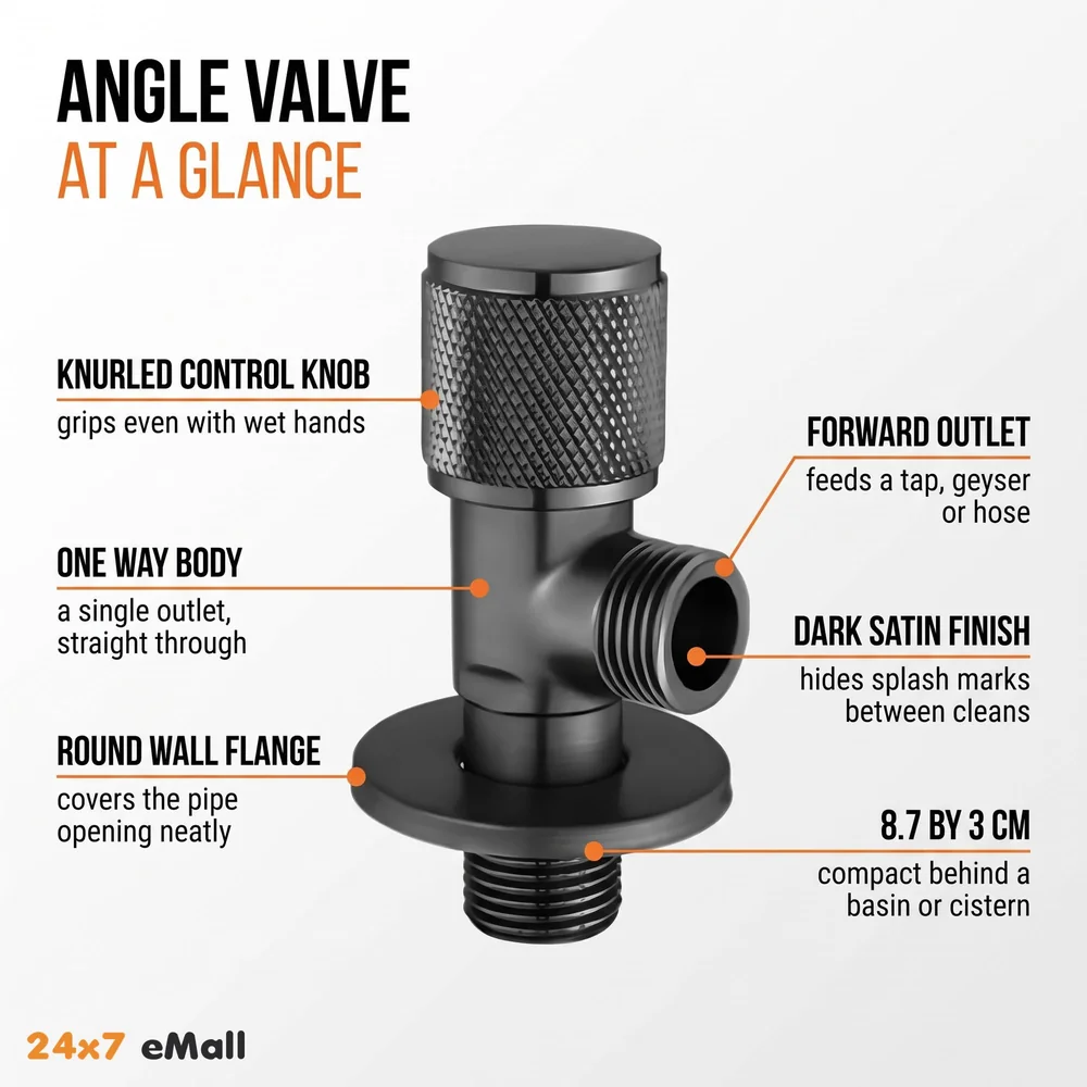Angular for Bathroom wash basin, Geyser | Luxury Series One-Way Angle Valve | Angle Valve for Bathroom | Wall Mounted. Stop Cock Toilet Commode, Washbasin, 8.7cm x 3cm, Brushed gloss Black